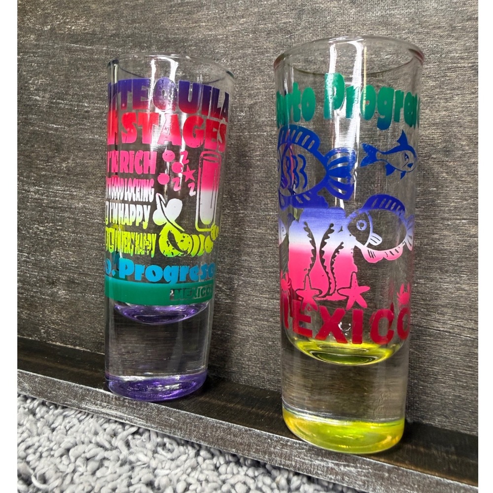 Mexico Souvenir Shot Glasses Santos Puerto Progreso Neon 4 Tequila Stages Set 2